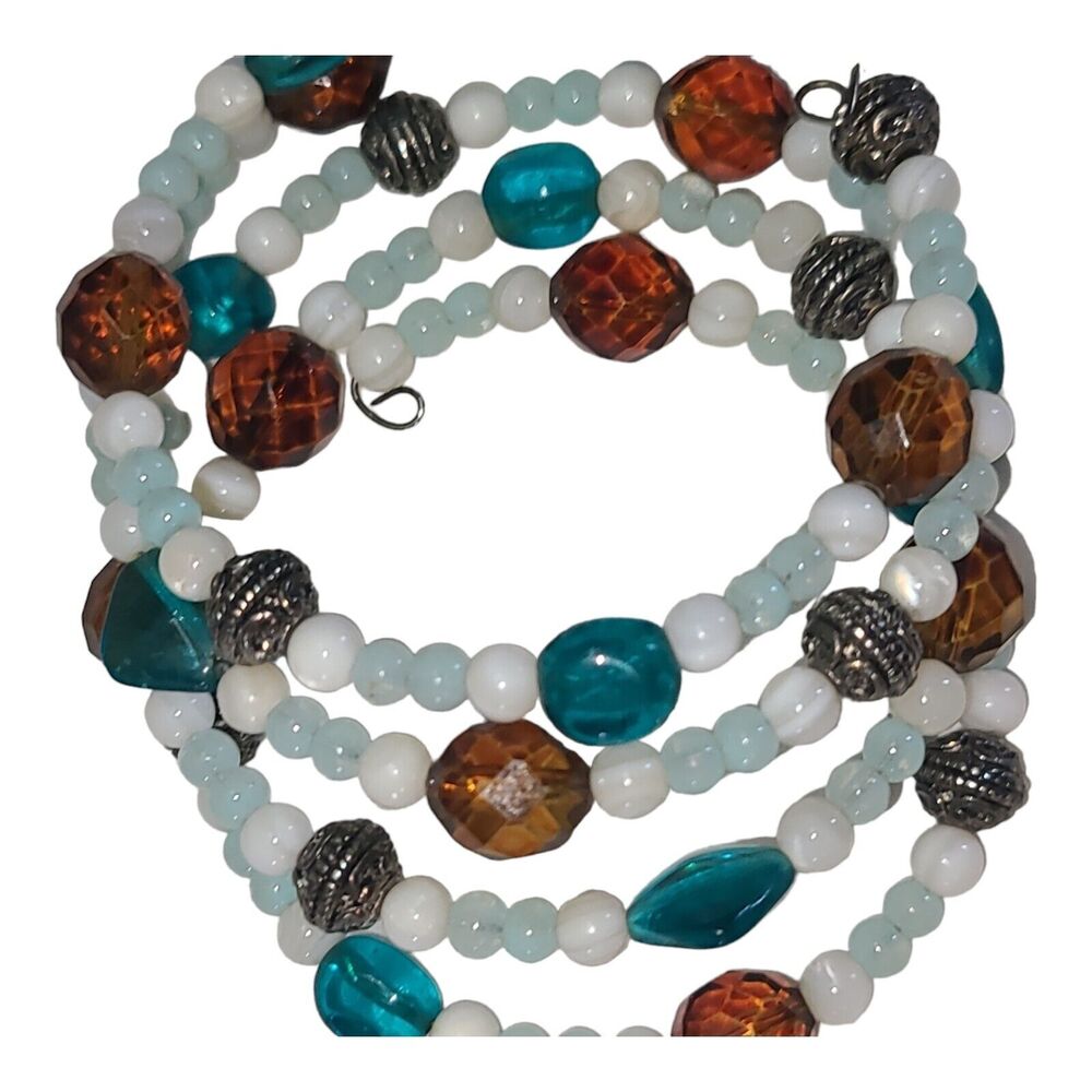 Blue Brown White Silver Tone Art Glass Bead Memory Wire Multi‎ Wrap Bracelet